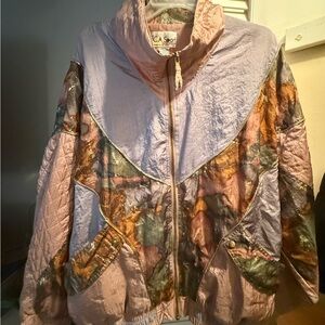 Women's Pink Metallic Bomber Jacket with Abstract Panels